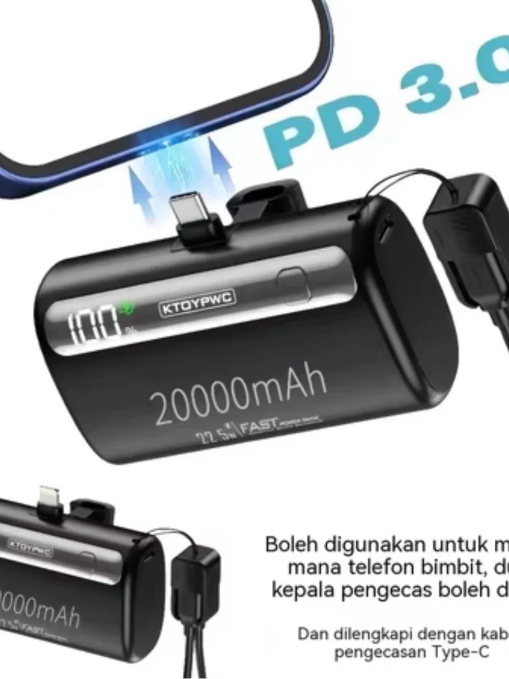 Purple 20000mAh Portable Power Bank with Type-C Fast Charging